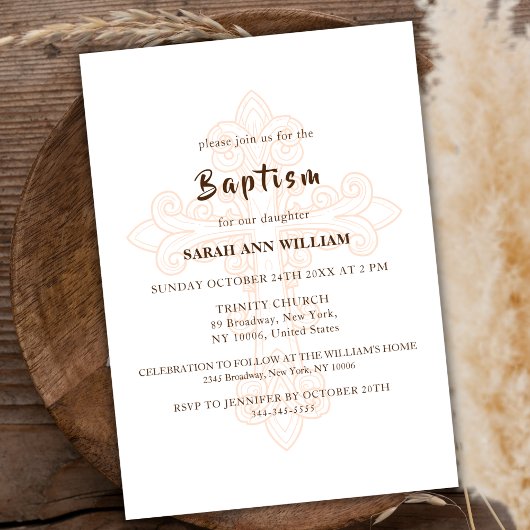 Invitation Typographie d'or moderne rustique Croix Baptême