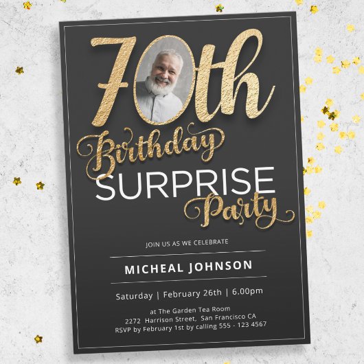 Invitation Typographie d'or Photo Surprise 70e anniversaire