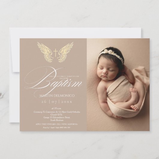 Invitation Typographie d'or rustique moderne Croix Photo Bapt (Devant)