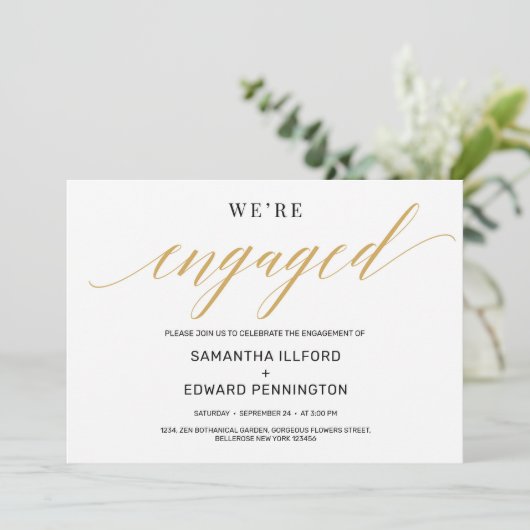 Invitation Typographie d'or rustique moderne police fiançaill (Debout devant)