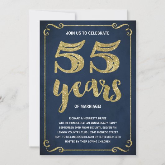 Invitation Typographie dorée | Faux Feuille 55e Anniversaire  (Devant)