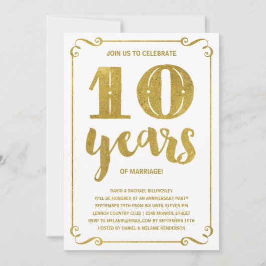 Invitation Typographie dorée | Faux feuille d'or 10e annivers (Devant)