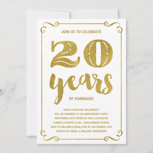 Invitation Typographie dorée | Faux feuille d'or 20e annivers (Devant)