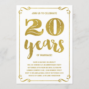 Invitation Typographie dorée   Faux feuille d'or 20e annivers