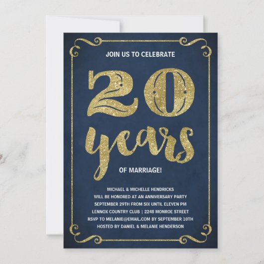 Invitation Typographie dorée | Faux feuille d'or 20e annivers (Devant)