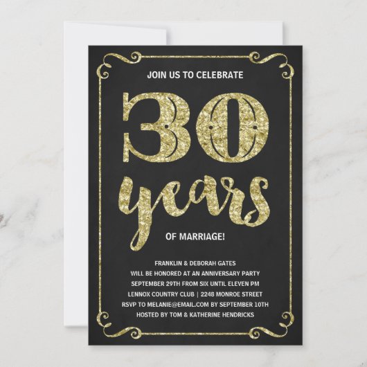 Invitation Typographie dorée | Faux feuille d'or 30e annivers (Devant)