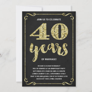 Invitation Typographie dorée Faux feuille d'or 40e annivers