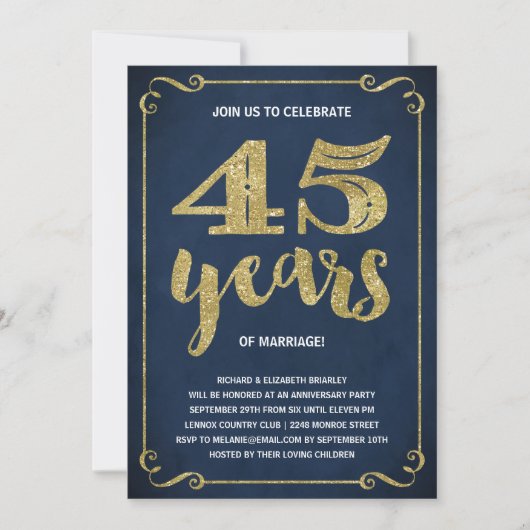 Invitation Typographie dorée | Faux feuille d'or 45e annivers (Devant)