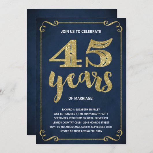 Invitation Typographie dorée | Faux feuille d'or 45e annivers (Devant / Derrière)