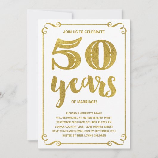 Invitation Typographie dorée | Faux feuille d'or 50e annivers (Devant)