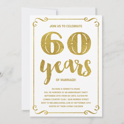 Invitation Typographie dorée | Faux feuille d'or 60e annivers (Devant)