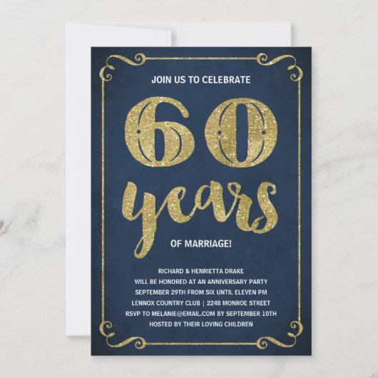 Invitation Typographie dorée | Faux feuille d'or 60e annivers (Devant)