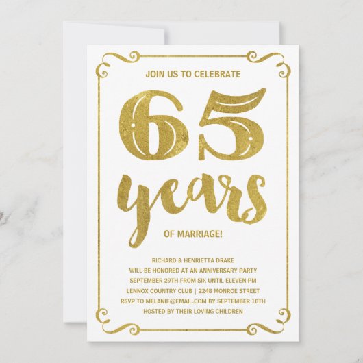 Invitation Typographie dorée | Faux feuille d'or 65e annivers (Devant)