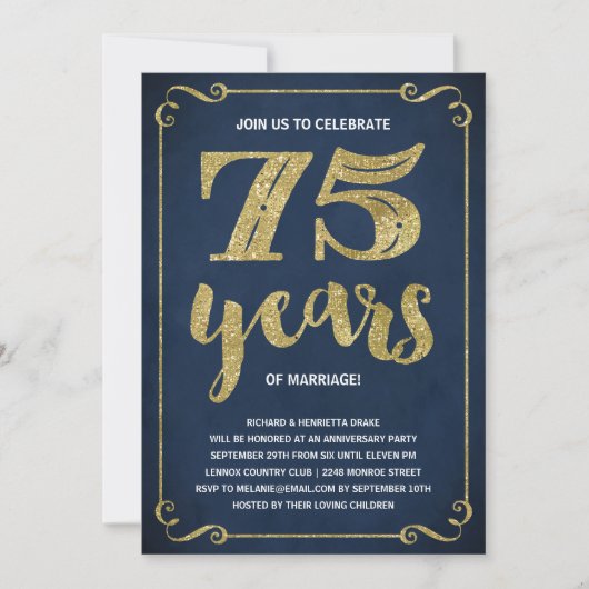 Invitation Typographie dorée | Faux feuille d'or 75e annivers (Devant)