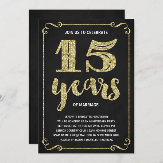 Invitation Typographie dorée | Faux papier d'aluminium 15e an (Devant / Derrière)