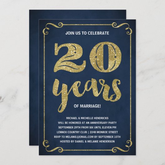 Invitation Typographie dorée | Faux papier métallisé 20e anni (Devant / Derrière)