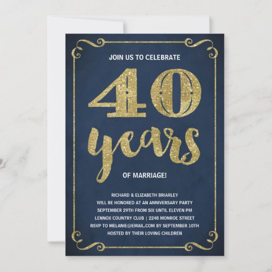 Invitation Typographie dorée | Faux papier métallisé 40e anni (Devant)