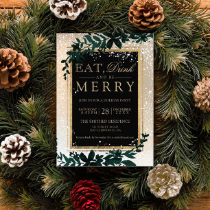 Invitation typographie dorée feuille neige élégant manger Noë
