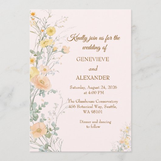 Invitation typographie dorée Fleurs sauvages pêche (Devant)
