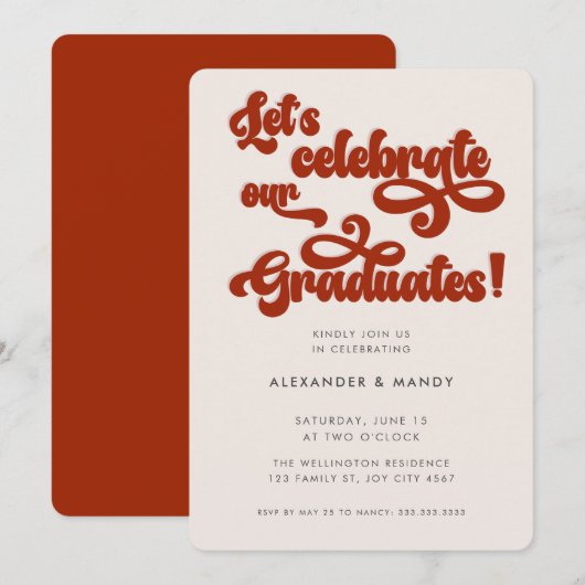 Invitation Typographie Double Diplômé Inspirée Rétro Rouge (Devant / Derrière)