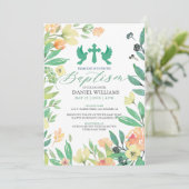 Invitation Typographie du baptême avec cadre de fleurs d'été (Debout devant)