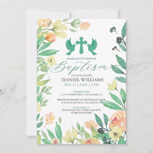 Invitation Typographie du baptême avec cadre de fleurs d'été