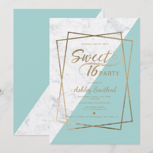 Invitation Typographie en faux or marbre turquoise Sweet 16 (Devant / Derrière)