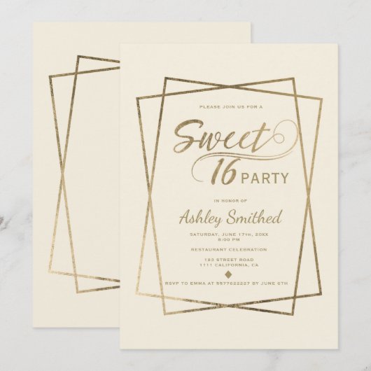 Invitation Typographie en faux or moderne ivoire Sweet 16 (Devant / Derrière)