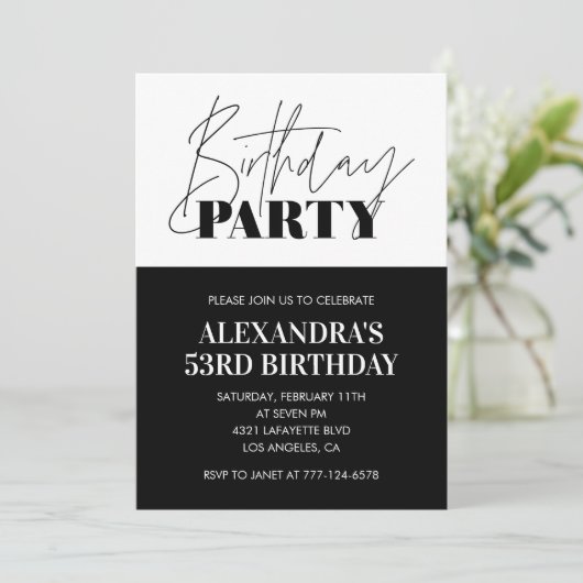 Invitation Typographie en gras noir et blanc 53e anniversaire (Debout devant)