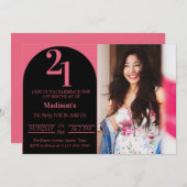 Invitation Typographie en gras noir et rose 21e fête d'annive (Devant / Derrière)