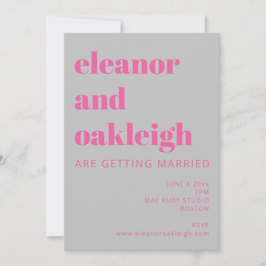 Invitation Typographie en gras rose chaud et gris Mariage mod (Devant)