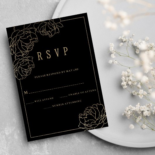 Invitation Typographie en or noir peony luxe floral RSVP