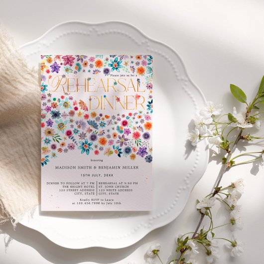 Invitation Typographie en or rose Boho Floral Mariage Répétit