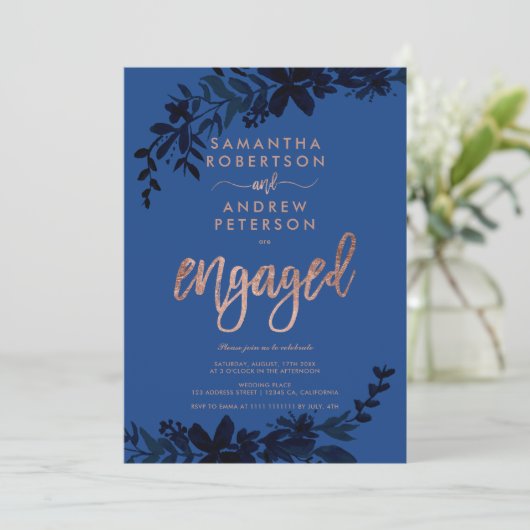 Invitation Typographie en or rose Floral bleu fiançailles (Debout devant)