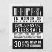 Invitation Typographie, fête d'anniversaire noire et blanche (Devant)