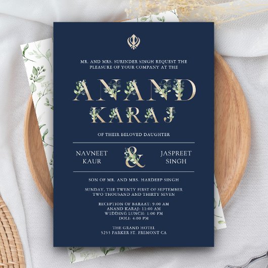 Invitation Typographie feuille Blue Anand Karaj Sikh Mariage