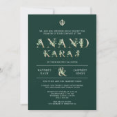 Invitation Typographie feuille Green Anand Karaj Sikh Mariage (Devant)