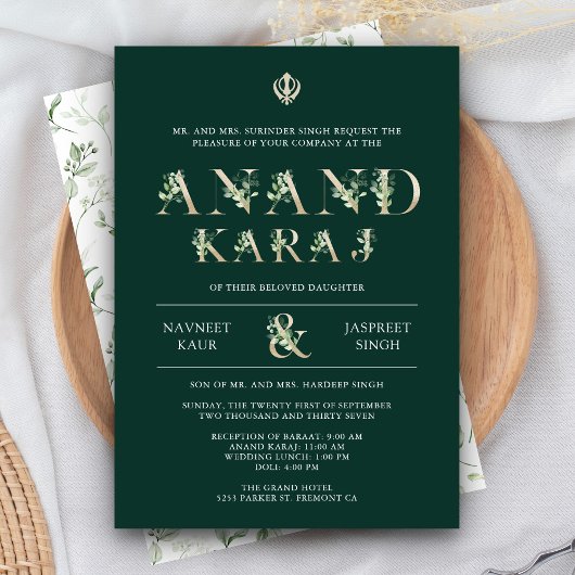 Invitation Typographie feuille Green Anand Karaj Sikh Mariage