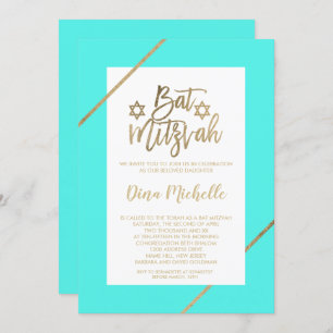 Invitation Typographie feuille or fleurie aqua chic Bat mitzv