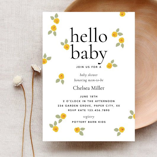 Invitation Typographie Floral Jaune Bonjour Baby shower