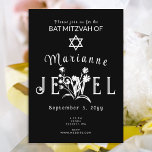 Invitation Typographie florale Bat mitzvah noir unique<br><div class="desc">Invitation bat mitzvah noir unique avec belle typographie blanche a des fleurs sauvages que vous pouvez bouger et redimensionner avec votre lettrage. Les oeuvres d'art botaniques peuvent être changées de couleur avec vos lettres. Modifiez facilement la couleur de l'arrière - plan sur cette invitation de bat mitzvah simple et unique....</div>