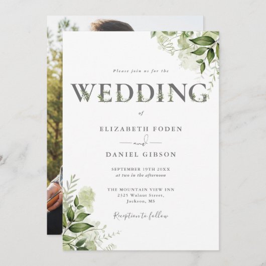 Invitation Typographie florale de verdure Mariage photo (Devant / Derrière)
