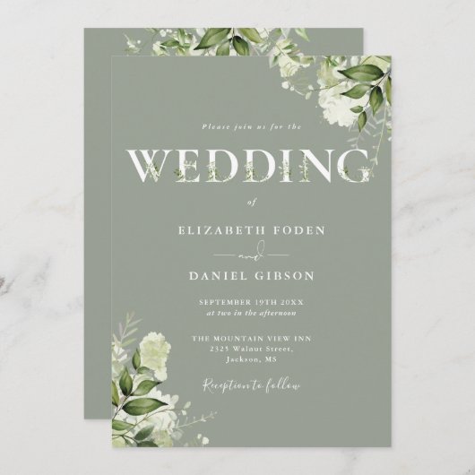 Invitation Typographie florale de verdure Sage Mariage vert (Devant / Derrière)