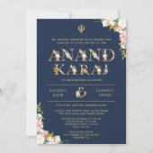 Invitation Typographie florale Marine Anand Karaj Sikh Mariag (Devant)