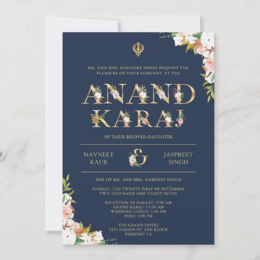 Invitation Typographie florale Marine Anand Karaj Sikh Mariag (Devant)