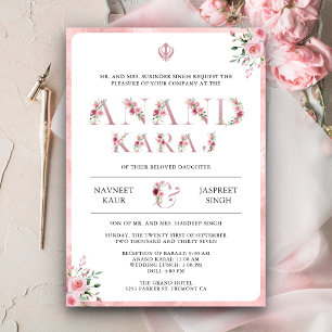 Invitation Typographie florale rose Anand Karaj mariage sikh