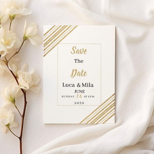 Invitation Typographie géométrique blanche et or Save the Dat