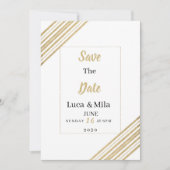 Invitation Typographie géométrique blanche et or Save the Dat (Devant)