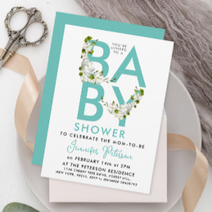 Invitation Typographie Gras Florale Bébé Turquoise Aqua Paste