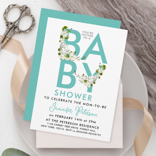 Invitation Typographie Gras Florale Bébé Turquoise Aqua Paste
